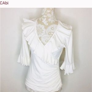 Cabi Cache Faux wrap White Ruffle V Neck Top 3/4 sleeve